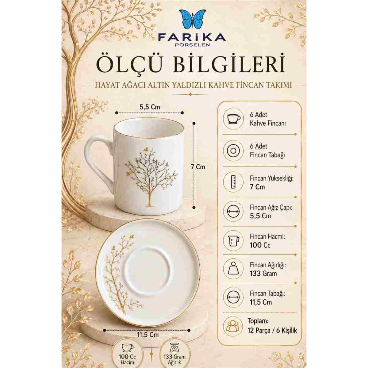 Farika Porselen Hayat Ağacı 12 Parça 6 Kişilik Altın Yaldız Porselen Kahve Fincan Takımı - Görsel 2