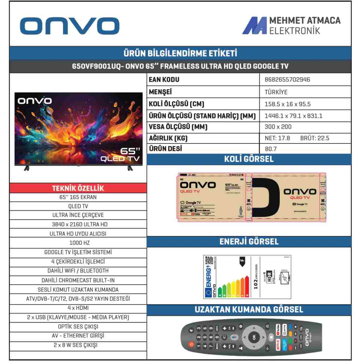ONVO 65OVF9001UQ 65'' 165 Ekran Uydu Alıcılı 4K Ultra HD Google Smart QLED TV - Görsel 4