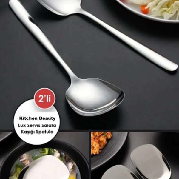 Kitchen Beauty 2 ADET Pratik 21 Cm Paslanmaz Çelik Lüx Servis Salata Kaşığı Spatula | Çelik Yemek Servis Kaşığ