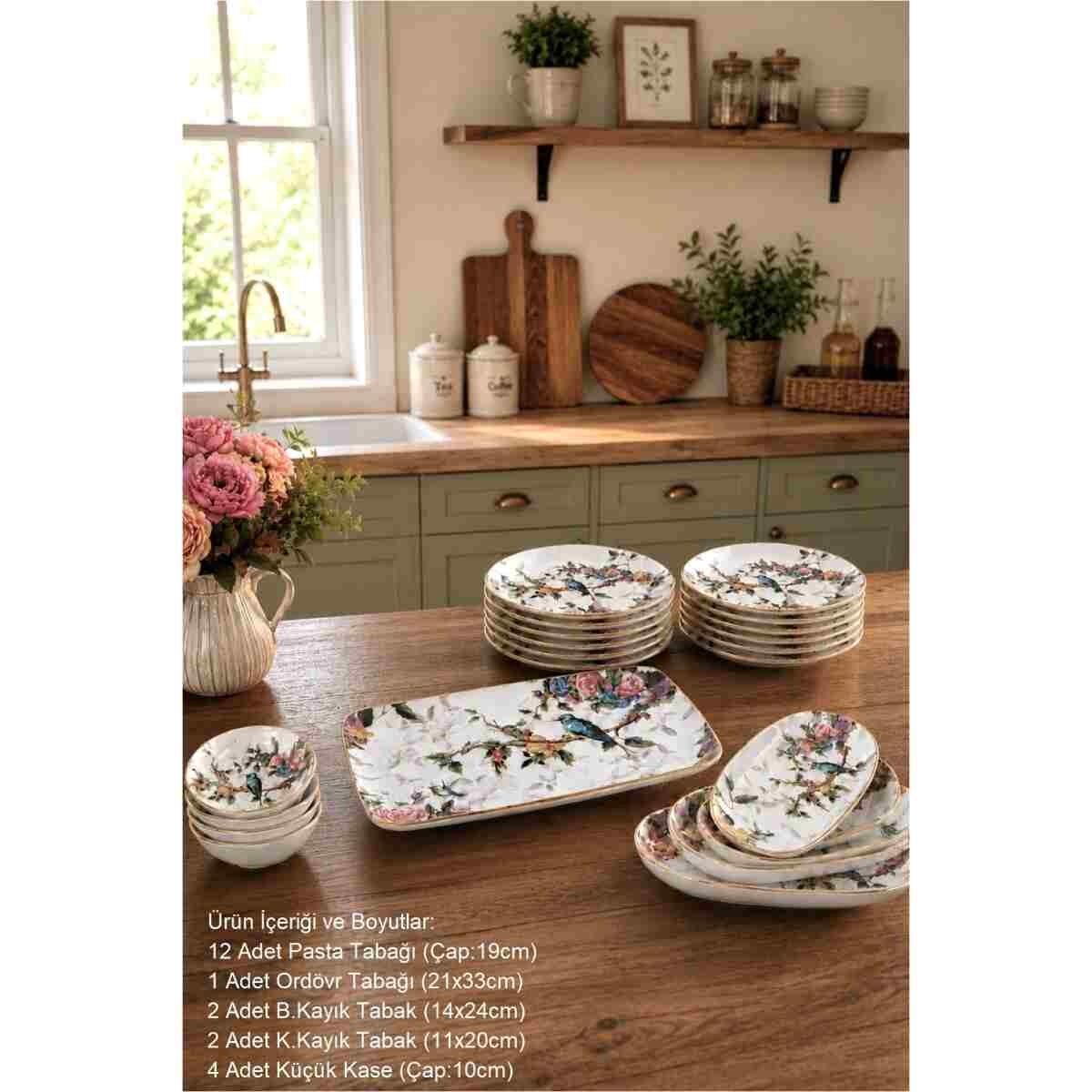 Pinkev Flora 21 Parça 12 Kişilik Seramik Kahvaltı Pasta Sunum Tabağı Takımı Seti - Kup124f - Görsel 5