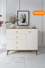 mapahomeliving Simple 4 Çekmeceli 1 Kapaklı Modern Şifonyer Ekru Ceviz