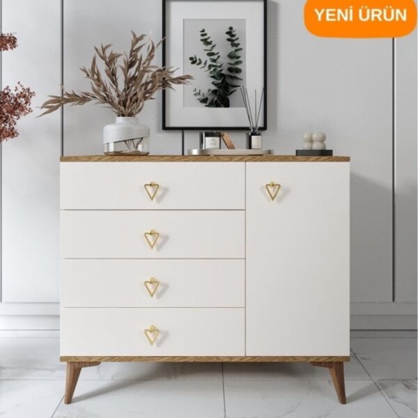 mapahomeliving Simple 4 Çekmeceli 1 Kapaklı Modern Şifonyer Ekru Ceviz