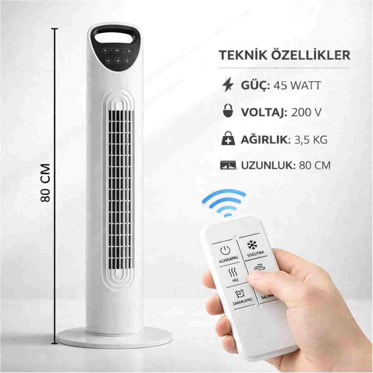 SMAYLİNG Sessiz Kule Vantilatör 80cm Uzaktan Kumandalı, 3 Hızlı, Salınımlı, Taşınabilir Fan - Görsel 5
