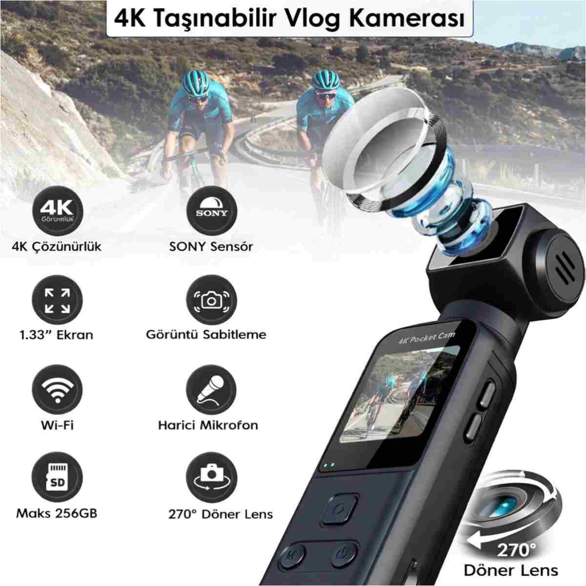 TARÇIN 4K Ultra HD Mini Aksiyon Kamerası | Wi-Fi , 270° Döner Lens, EIS Stabilizasyon - Görsel 3