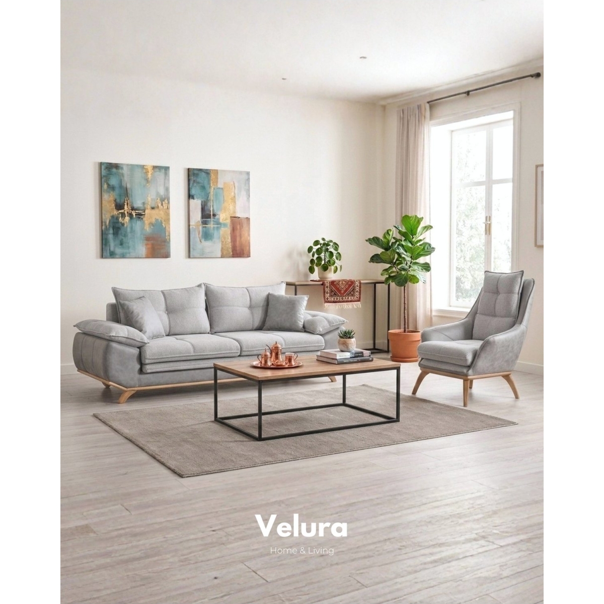 Velura Home & Living Azir Yataklı Koltuk & Bazalı Koltuk & Üçlü Kanepe (3'LÜ) - Gri Nubuk Bukle Kumaş - Görsel 10