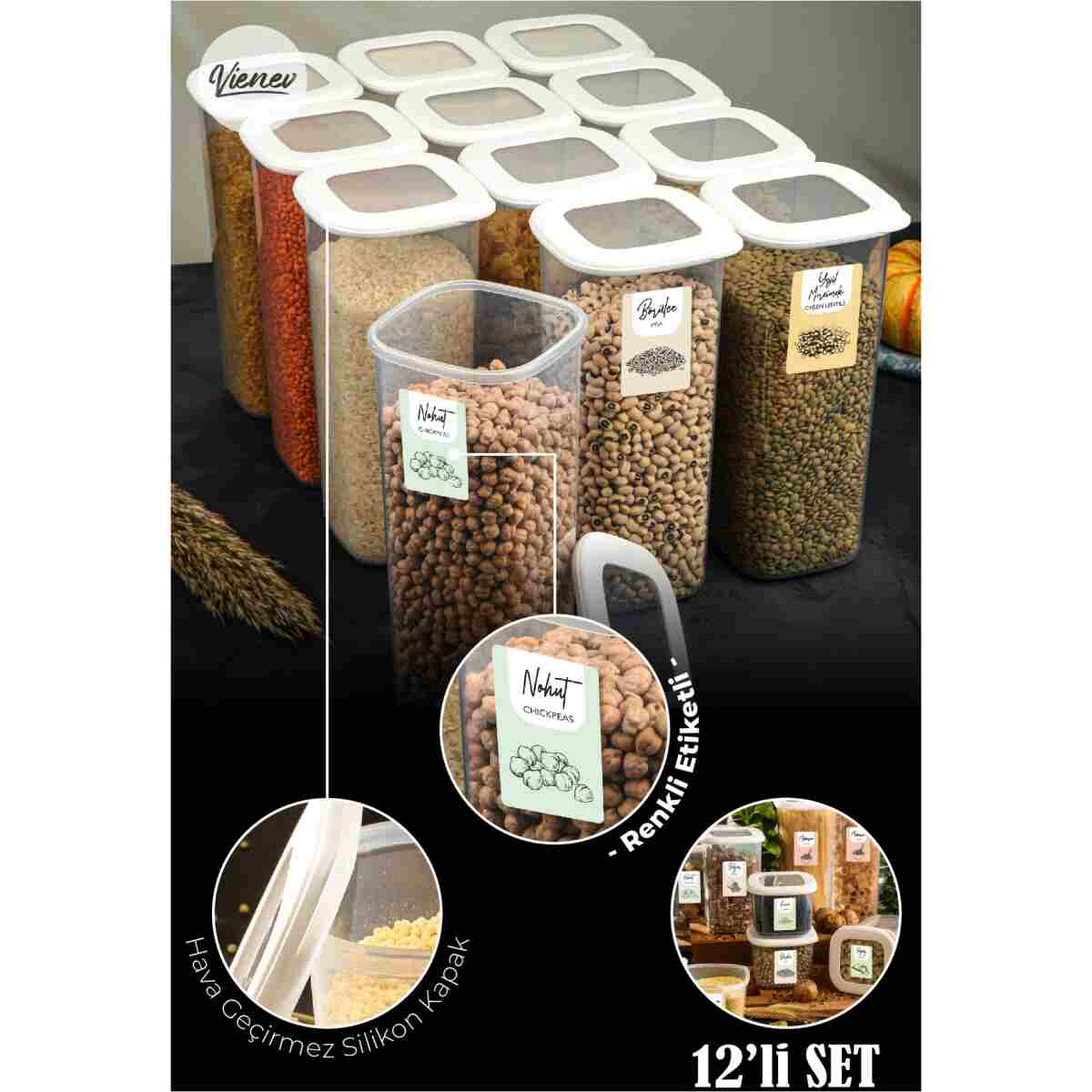 Vienev Foly 12'li Set Küçük Boy 0,55 Litre Etiketli Kaşıklı Kare Erzak Saklama Kabı Beyaz - Görsel 10