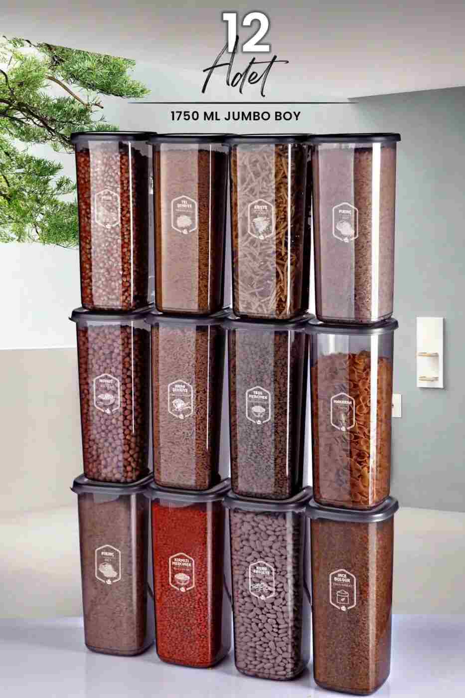 162517187152f1dd2cc6a247a03587c3 Kitchen Life 12'li Jumbo Boy Etiketli Square Kare Erzak Saklama Kabı Seti 1750 ml - Sert Kapak - Görsel 1