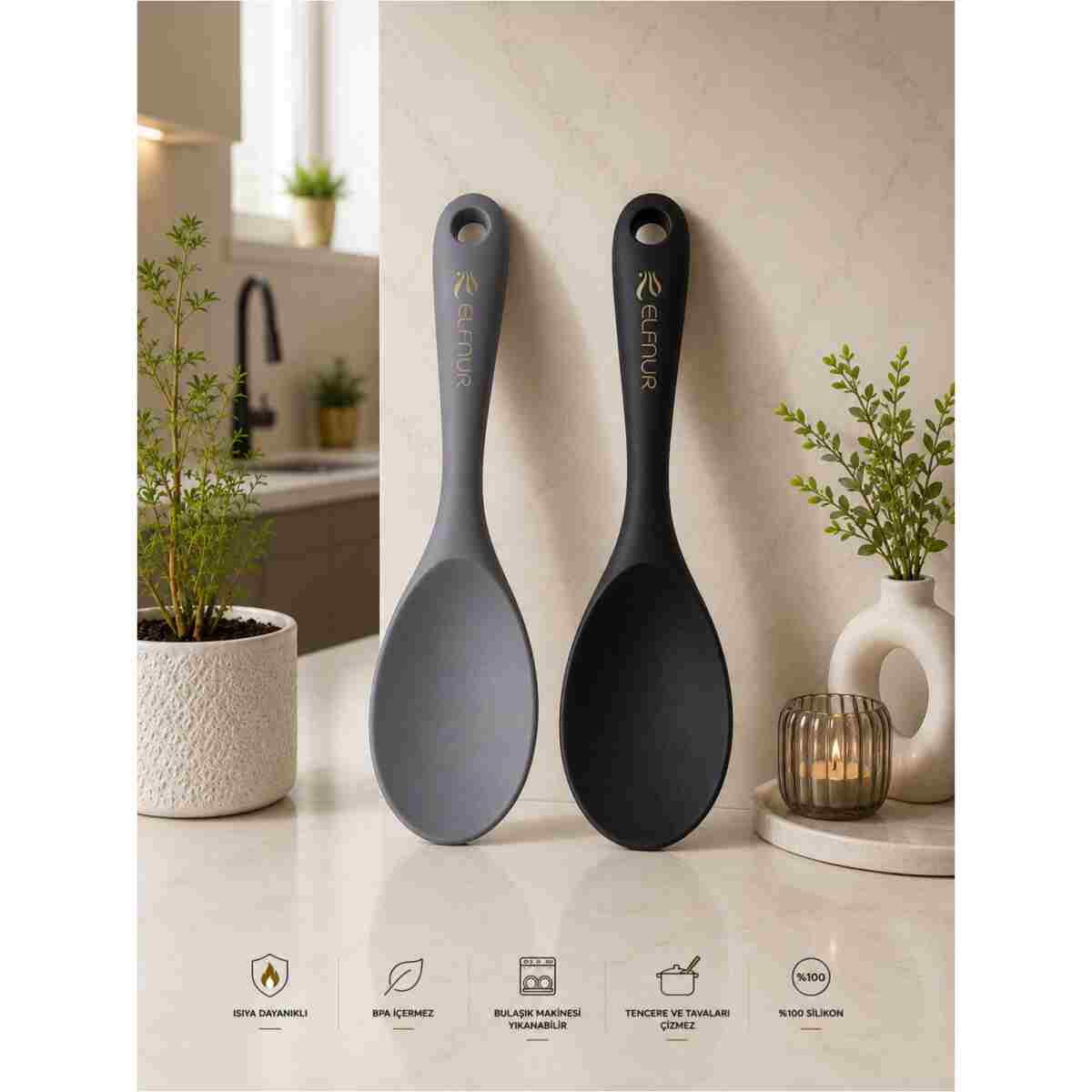 elfnur (2 Adet Ekru Ultra Sert Uçlu Silikon Pilav Kaşığı Yüksek Isıya Dayanıklı Yanmaz Yapışmaz 22 Cm - Görsel 4