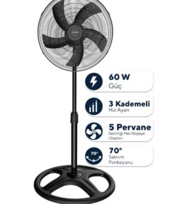 KUMTEL KTF-345 Siyah 18 İnç Ayaklı Vantilatör 60 W, 5 Pervaneli, 3 Kademeli, 132 cm