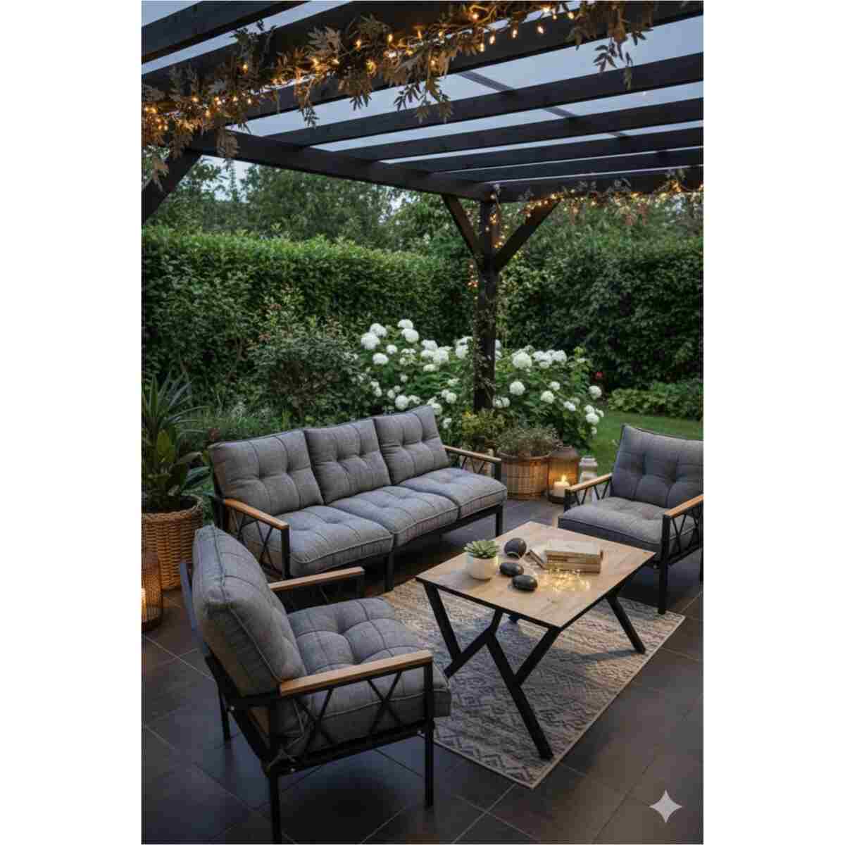 UFUK HOME Miray 311 Masalı Gri Fermuarlı Bahçe Balkon Takımı, Salon, Teras- Berjer Düğmeli Metal Çay Seti - Görsel 2