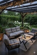 UFUK HOME Miray 311 Masalı Gri Fermuarlı Bahçe Balkon Takımı, Salon, Teras- Berjer Düğmeli Metal Çay Seti - Görsel 2