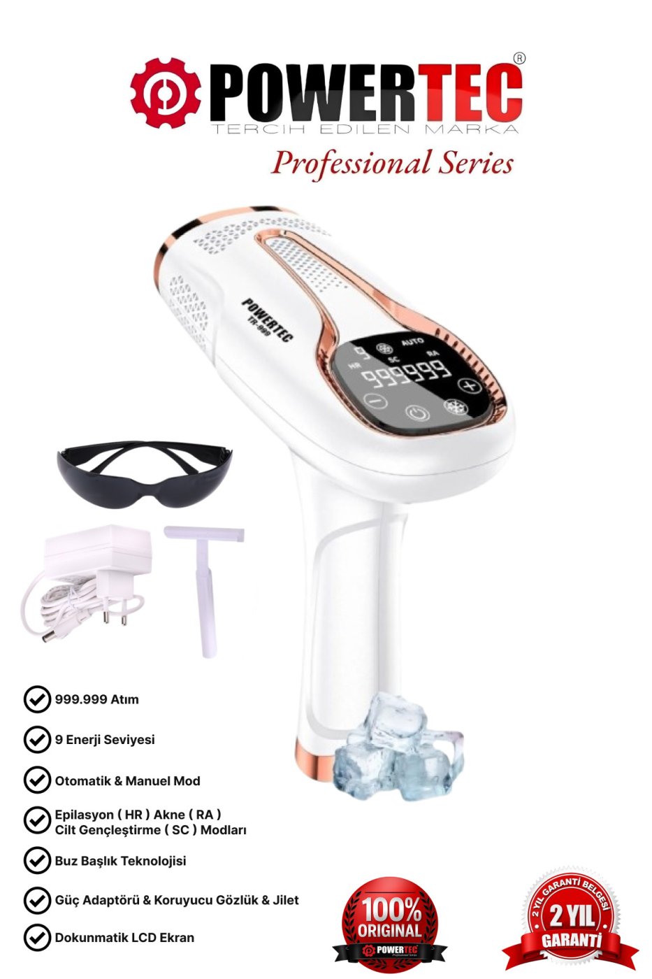 POWERTEC TR-999 IPL Buz Lazer Epilasyon 999.999 Atım Otomatik/Manuel Mod 9 Seviye