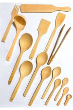 Kitchen Mania 15 Parça Yağlı Kayın Ahşap Kaşık Tahta Spatula Servis Kepçe Ağaç Çatal Maşa Seti