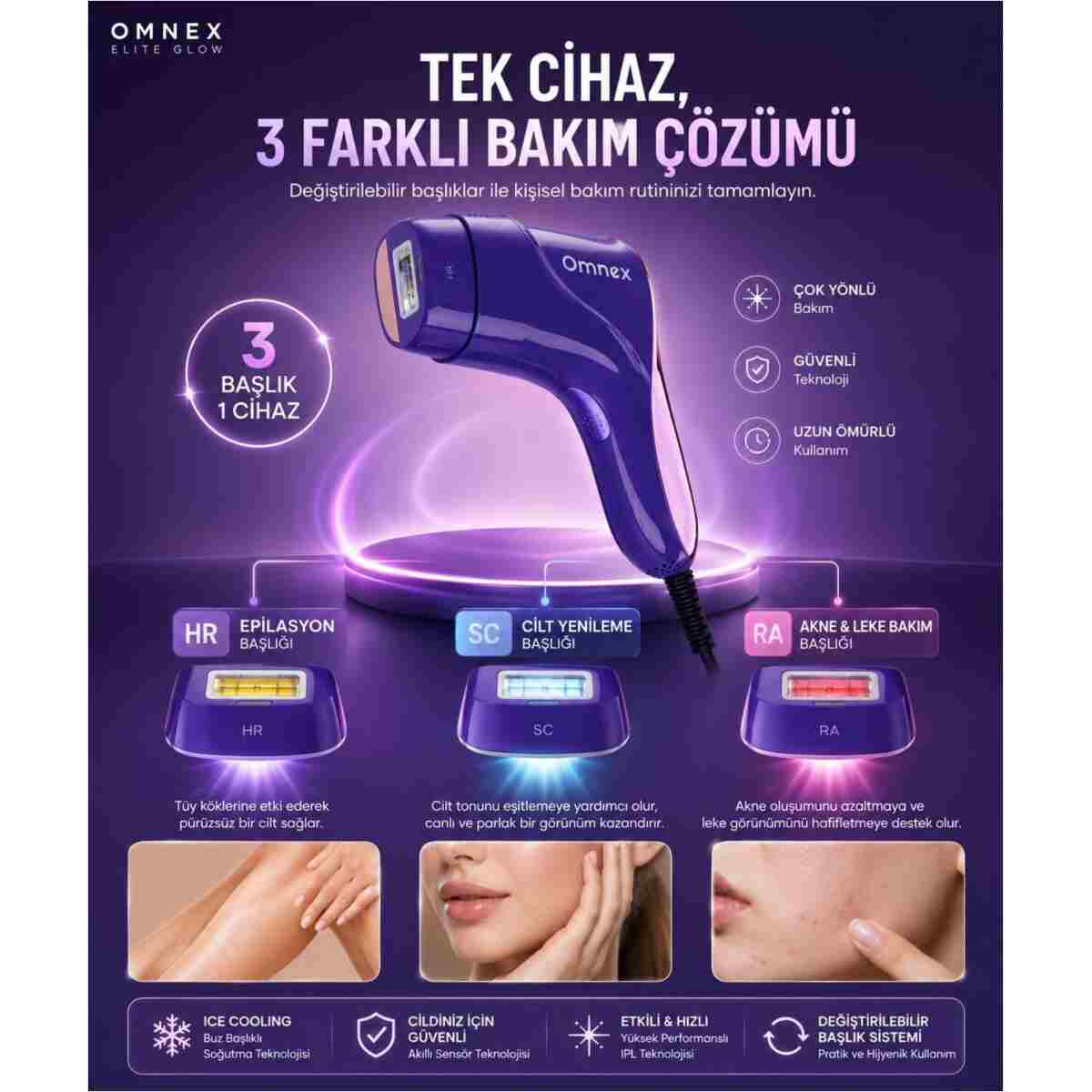 Omnex EliteGlow IPL Lazer Epilasyon Cihazı Buz Başlıklı Akıllı Cilt Sensörlü 10 Kademe Enerji - Görsel 5