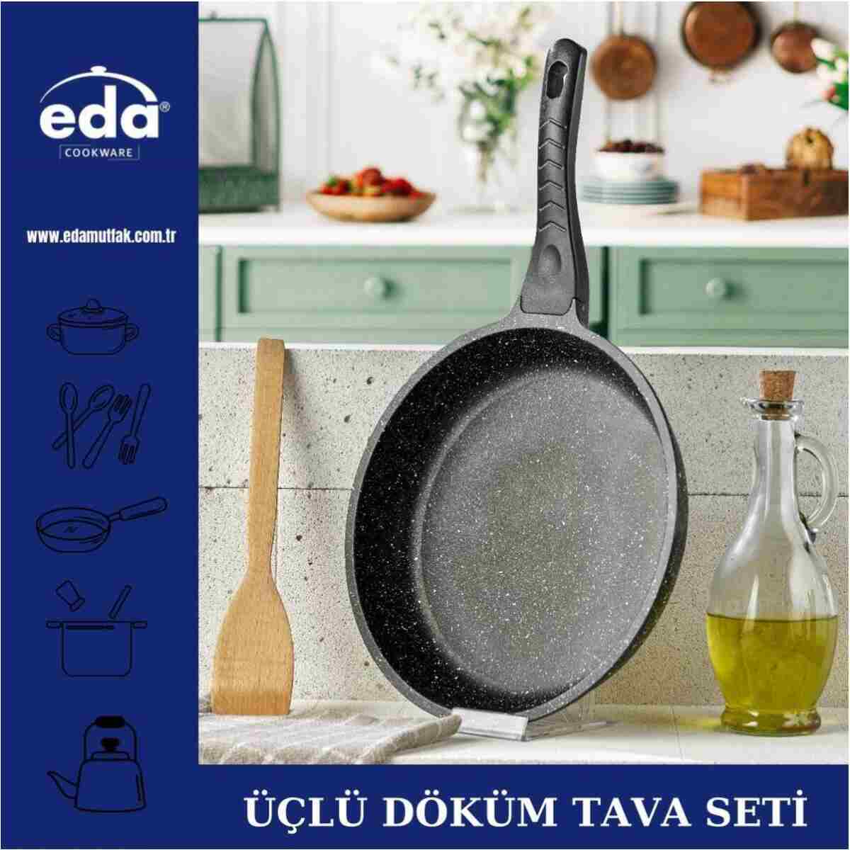 Eda Granit Döküm 3'lü Tava Seti Gri 20-24-28 Cm - Görsel 2