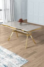 Canisa Concept Prah Serisi 90x160 Lak Panel Beyaz Mermer Desen Gold Ayak Masa Takımı 6 Krem Sandalye - Görsel 3
