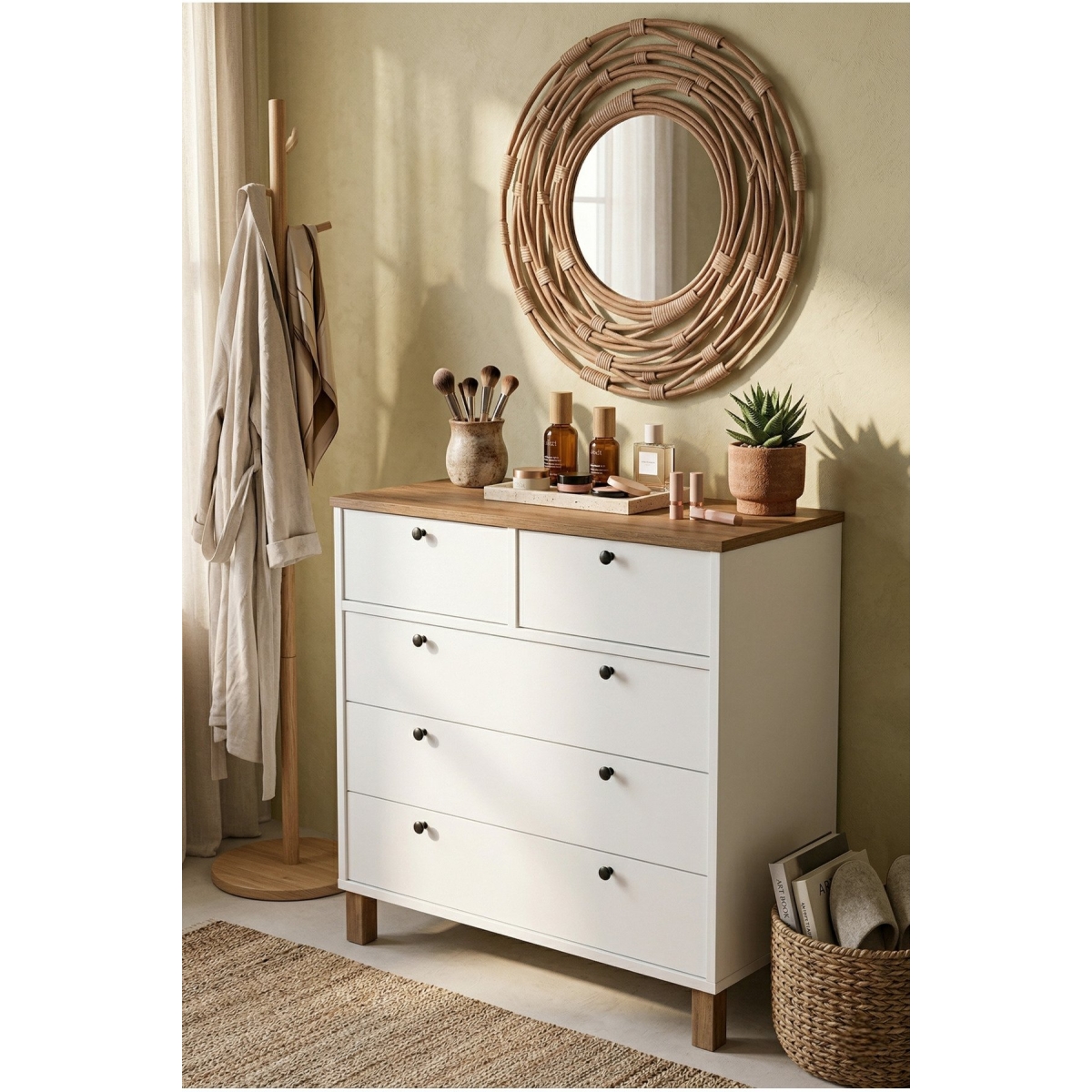 Yurudesign Nord Şifonyer 5 Çekmece Ahşap Ayaklı Sepet-Beyaz ND3-SW - Görsel 4