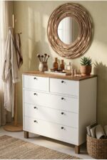 Yurudesign Nord Şifonyer 5 Çekmece Ahşap Ayaklı Sepet-Beyaz ND3-SW - Görsel 4
