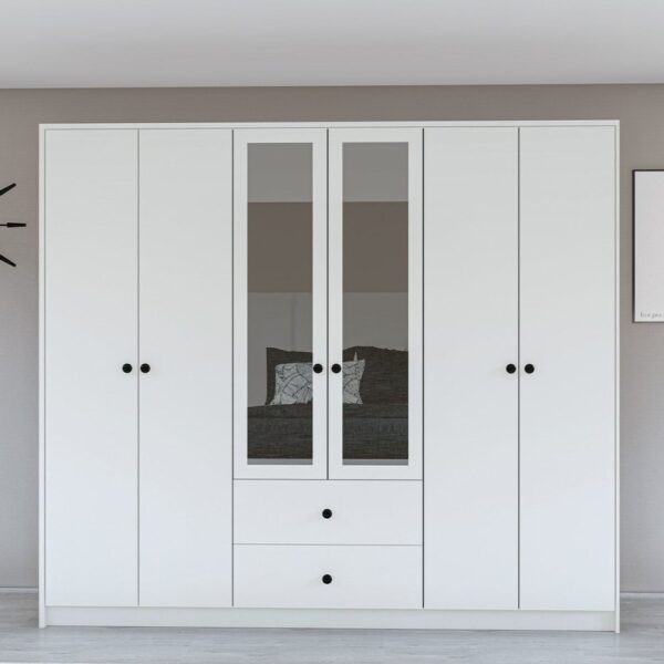 Metalia Gm 036 Lüx 6 Kapı 2 Çekmeceli Düğme Kulplu Aynalı Gardırop