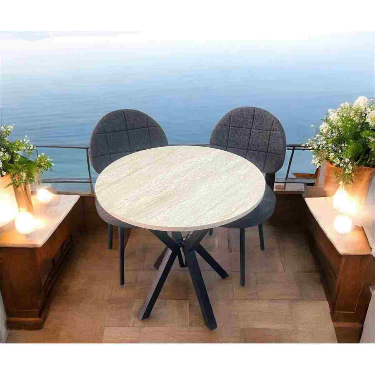 BAMBEDS MOBİLYA Bambeds Mobilya 70x70 Trevertan Yuvarlak Balkon Masa Ahtapot Ayak Armut Keten Sandalye 2 Adet - Görsel 3