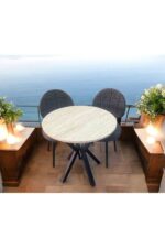 BAMBEDS MOBİLYA Bambeds Mobilya 70x70 Trevertan Yuvarlak Balkon Masa Ahtapot Ayak Armut Keten Sandalye 2 Adet - Görsel 3