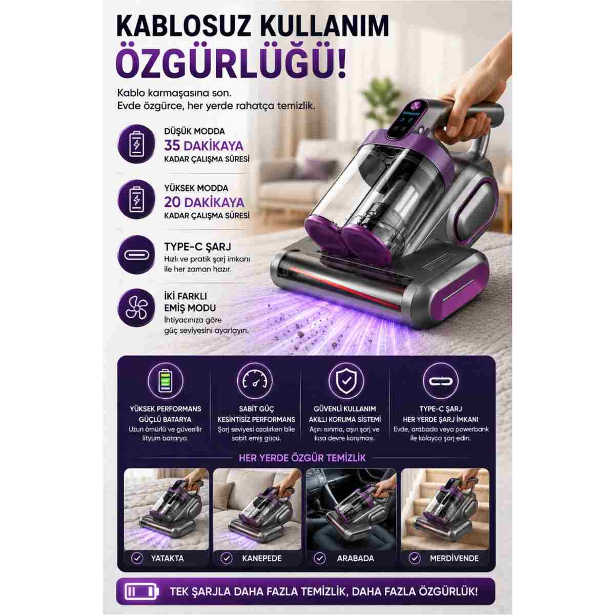 ROBO Şarjlı Çift hazneli Akar Mite Süpürgesi - Görsel 13
