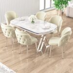 Canisa Zae Serisi 90x168 Lak Panel Beyaz Mermer Masa Krom Ayak Masa Takımı Ve 6 Krem Sandalye
