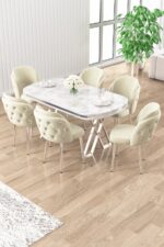 Canisa Zae Serisi 90x168 Lak Panel Beyaz Mermer Masa Krom Ayak Masa Takımı Ve 6 Krem Sandalye