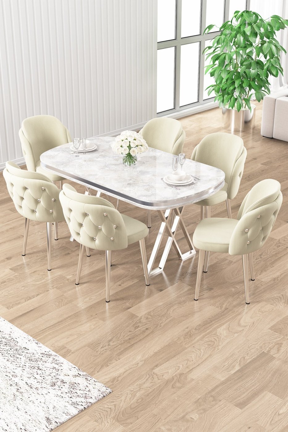 1a1d65fe1b4703f0f5513326a9d011e4 Canisa Zae Serisi 90x168 Lak Panel Beyaz Mermer Masa Krom Ayak Masa Takımı Ve 6 Krem Sandalye - Görsel 1