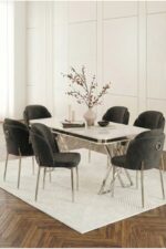 DEREN HOME Rigella Max Krom 80x130 MDF Sabit Masa Metal Ayak + 6 Adet Silinebilir Sandalye KREM - Görsel 7