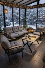 UFUK HOME Miray 311 Masalı Gri Fermuarlı Bahçe Balkon Takımı, Salon, Teras- Berjer Düğmeli Metal Çay Seti