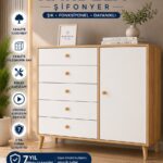 Kardelahome Kardela Premium Mdf Şifonyer 5 Çekmeceli Kapaklı Dolaplı Beyaz Atlantik Çam