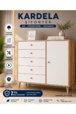 Kardelahome Kardela Premium Mdf Şifonyer 5 Çekmeceli Kapaklı Dolaplı Beyaz Atlantik Çam