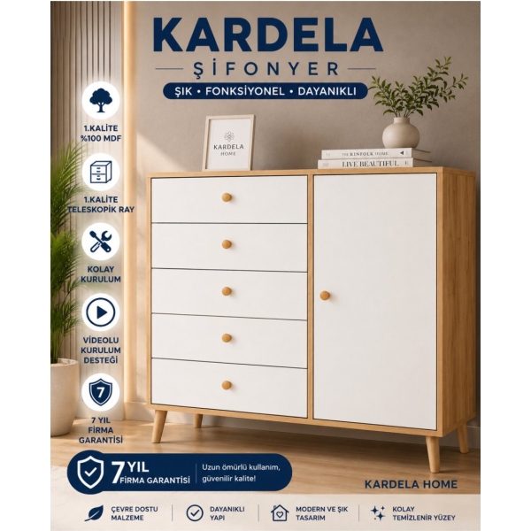 Kardelahome Kardela Premium Mdf Şifonyer 5 Çekmeceli Kapaklı Dolaplı Beyaz Atlantik Çam