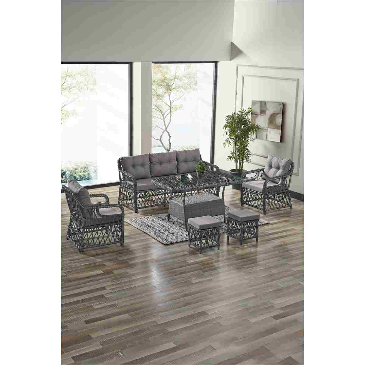 Evdemo Edra Rattan Puflu Bahçe Balkon Takımı 3+1+1+Camlı Masa Cappuccino - Görsel 10