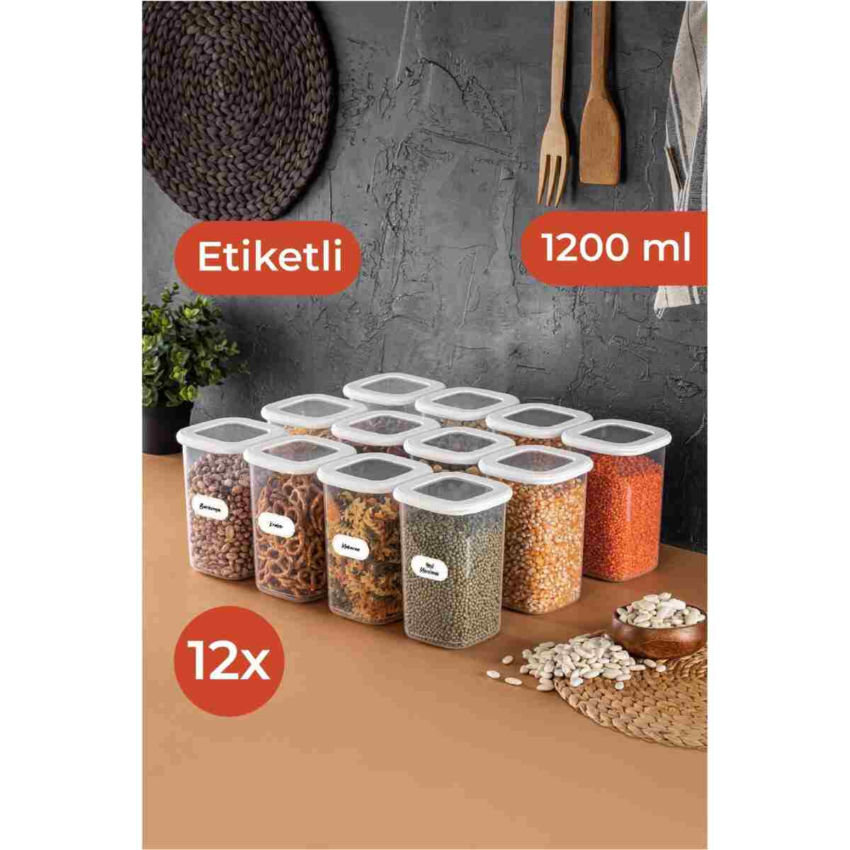 Vienev Beyaz Serigrafi Etiketli Kaşıklı Kare Erzak Saklama Kabı 12'li Set Küçük Boy 0,55 Litre - Görsel 9