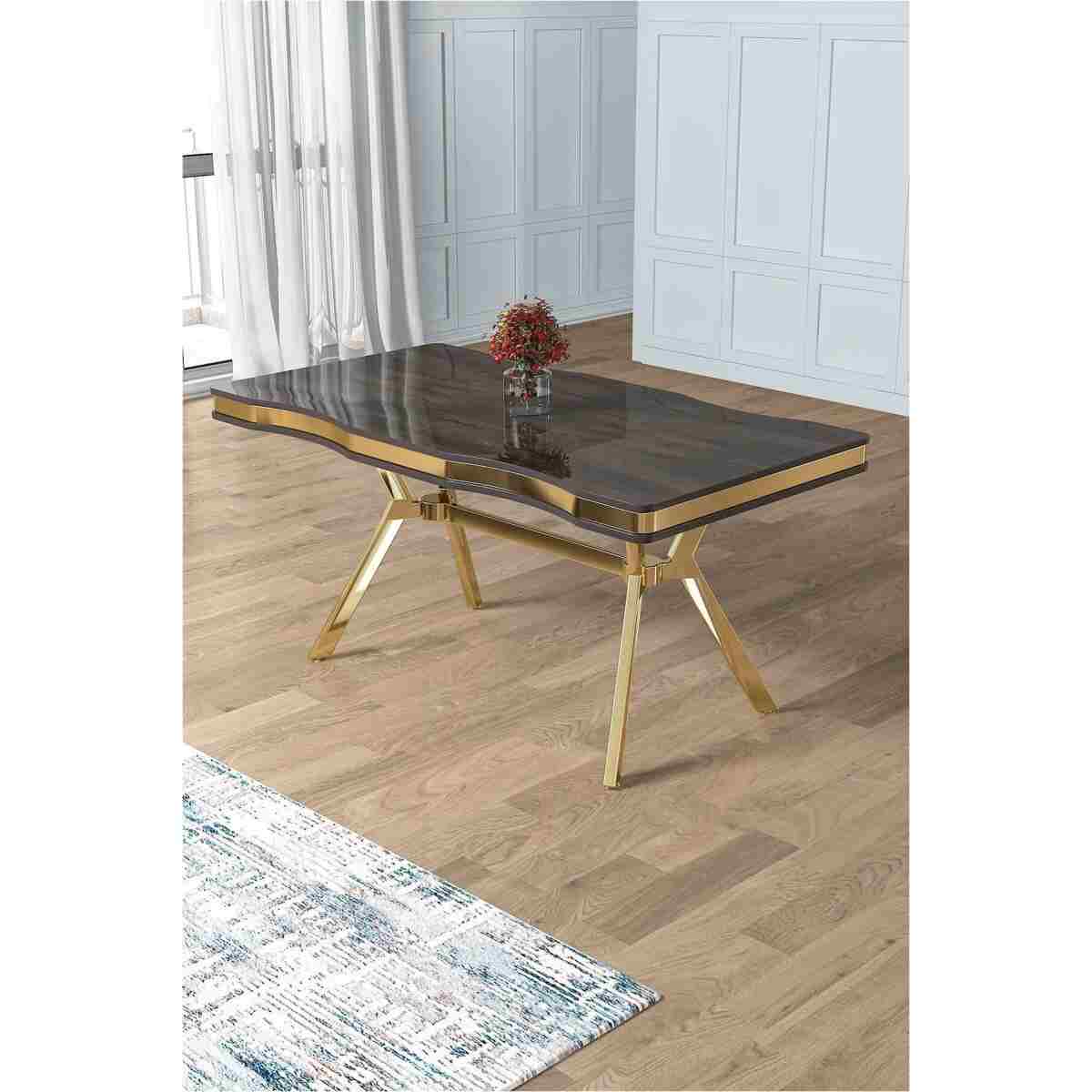 Canisa Prah Serisi 90x160 Lak Panel Antrasit Ironi Gold Ayak Masa Takımı 6 Siyah Sandalye - Görsel 3
