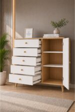 Kardelahome Kardela Premium Mdf Şifonyer 5 Çekmeceli Kapaklı Dolaplı Beyaz Atlantik Çam - Görsel 5