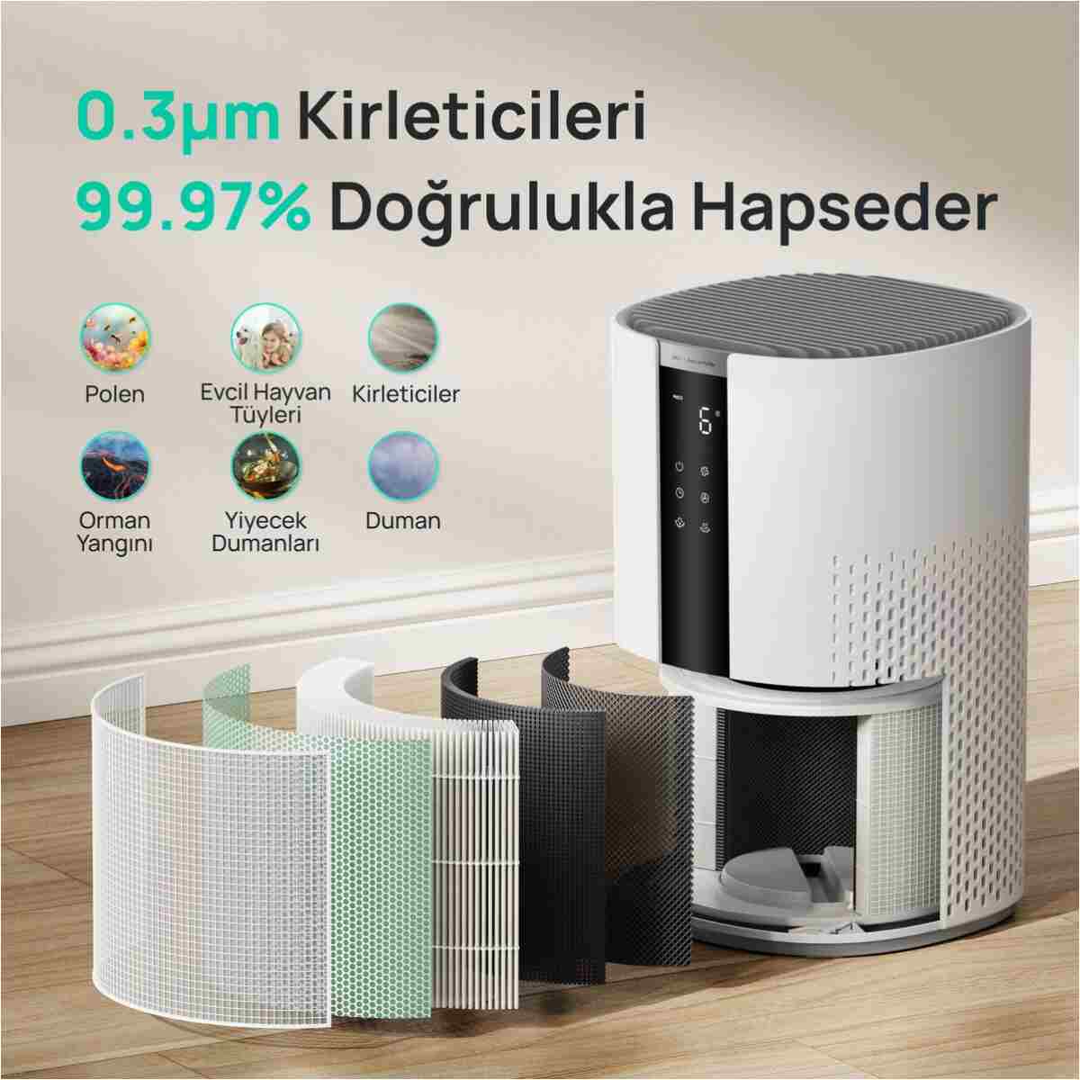 DREO Air Purifier 337S Akıllı Hava Temizleyici, 3 Aşamalı HEPA Filtre, PM2.5 Sensör, LED Ekran Beyaz - Görsel 10