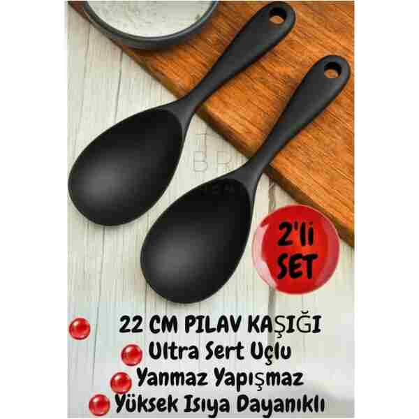 BRE HOME 22 Cm Sert Uçlu Silikon Yüksek Isıya Dayanıklı Pilav Kaşığı 2 Adet siyah