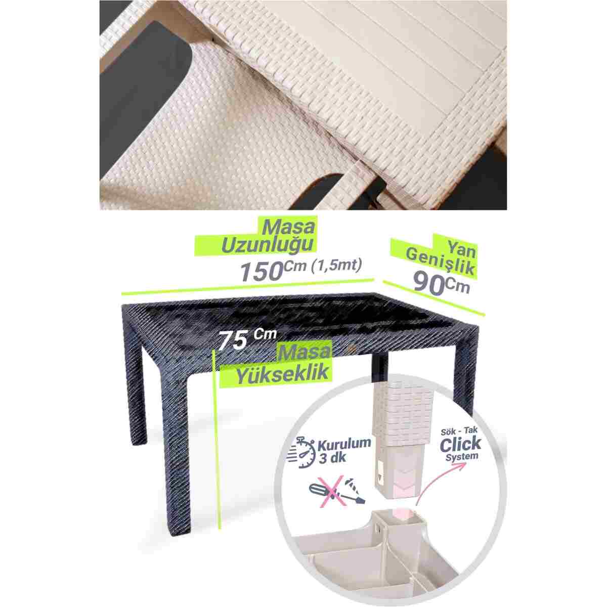 nar sokağı Bambu Kapiçino 90x150 Cm Camsız Rattan Bahçe Balkon Masa Takımı - Görsel 3