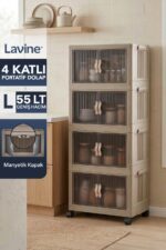 Lavine ”LARGE” 4 Katlı Portatif Organizer Tekerlekli Dolap Çok Amaçlı Mıknatıs Kapaklı Katlanır - TOPRAK