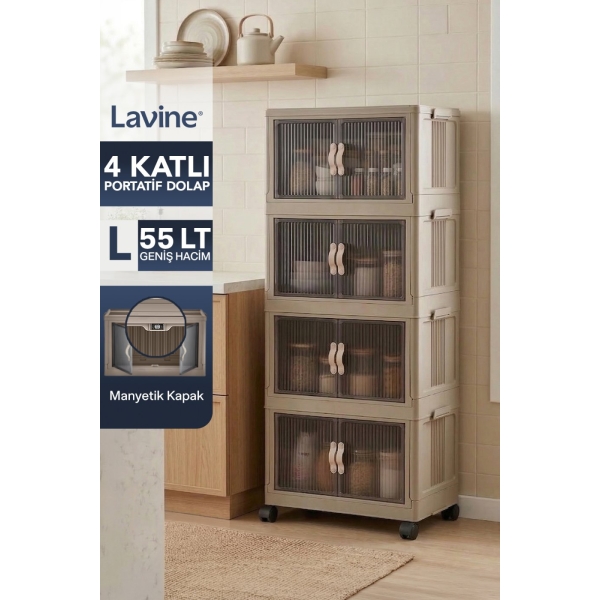 Lavine ”LARGE” 4 Katlı Portatif Organizer Tekerlekli Dolap Çok Amaçlı Mıknatıs Kapaklı Katlanır - TOPRAK