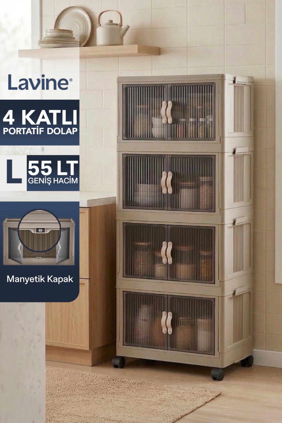 1e9bb40c18acbd523452e4f2b8d24419 Lavine ”LARGE” 4 Katlı Portatif Organizer Tekerlekli Dolap Çok Amaçlı Mıknatıs Kapaklı Katlanır - TOPRAK - Görsel 1