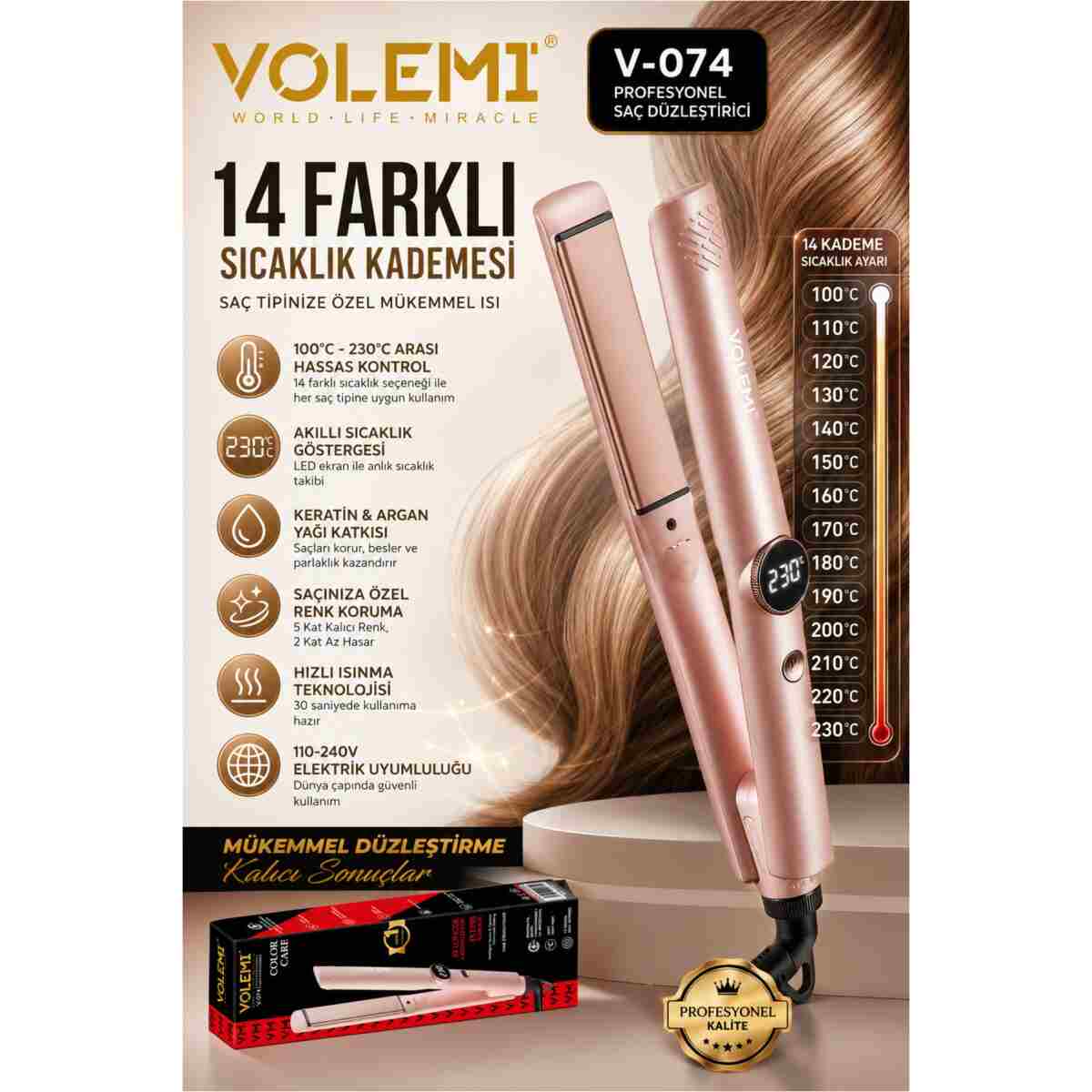 VOLEMİ Vm-004 Profesyonel Seramik Dar Plakalı Saç Düzleştirici Hızlı Isınma Dijital LED Ekran - Görsel 12