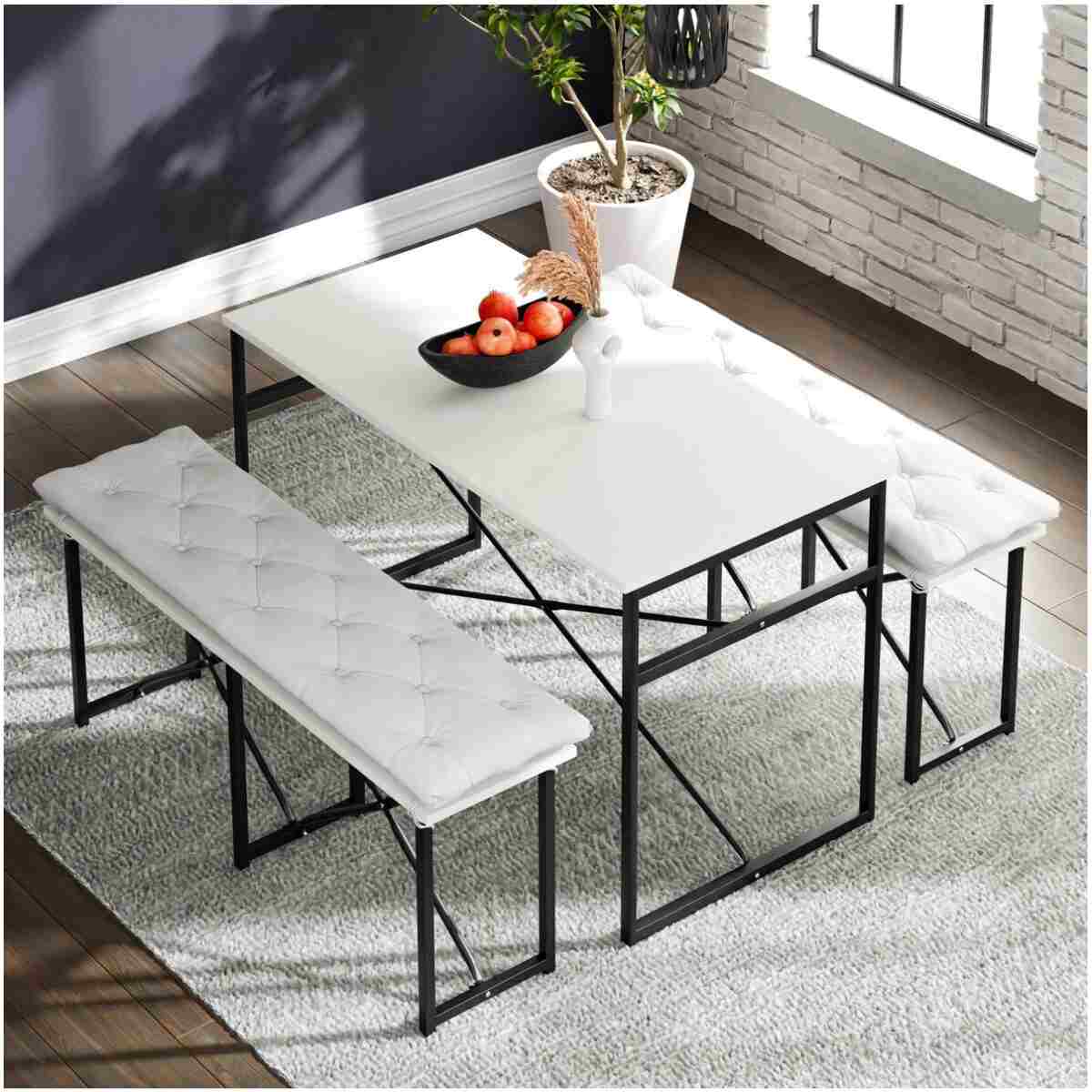 eportatif Masa Takımı Minderli Bench Bank Masa Seti 120x60 Masa Mutfak Masası Yemek Masası Beyaz 1555 - Görsel 9