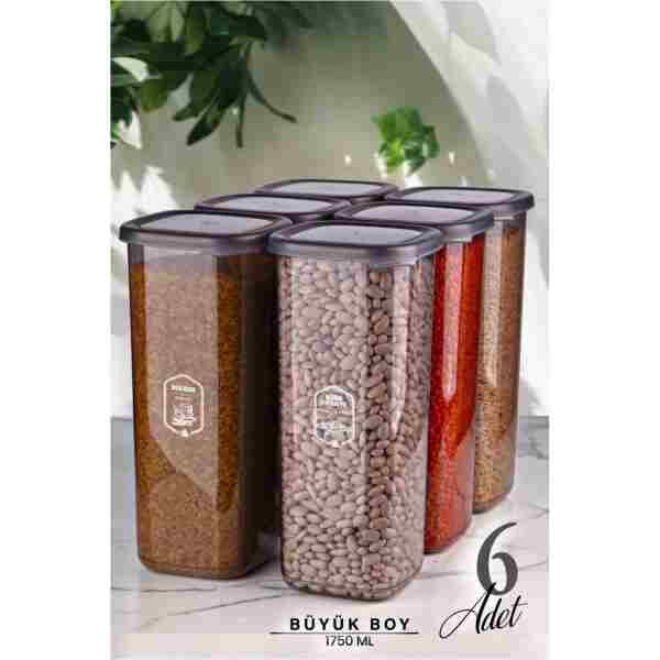 Kitchen Life 6'lı Jumbo Boy Etiketli Square Kare Erzak Saklama Kabı Seti 1750 ml -sert Kapak Düzenleyici Kavanoz