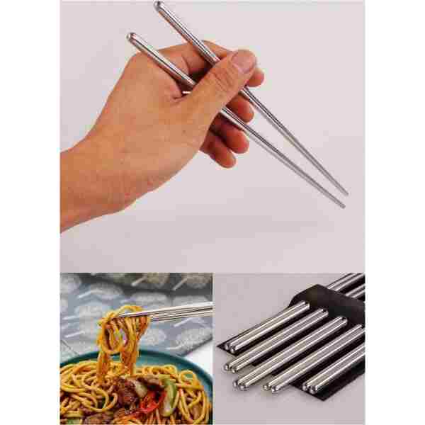 TeknoClass Metal Chopstick Paslanmaz Çelik Çin Çubuğu 5'li Set Yemek Çubukları