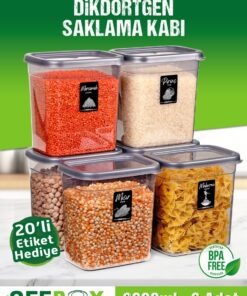 OFFBOX 6 Adet 12 Parça Dikdörtgen 2 Litre Erzak Bakliyat Saklama Kabı Çeyiz Seti 20 Etiket Hediyeli