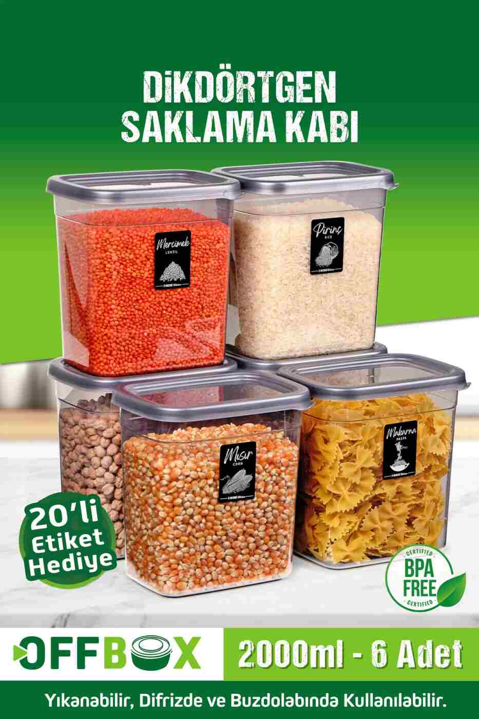 20a387feb1ecdd2296613445b4f3c046 OFFBOX 6 Adet 12 Parça Dikdörtgen 2 Litre Erzak Bakliyat Saklama Kabı Çeyiz Seti 20 Etiket Hediyeli - Görsel 1